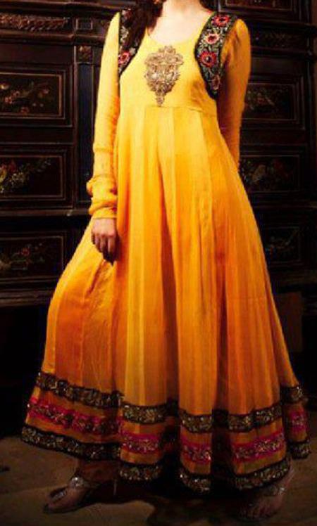 indian mehndi dresses for girls yellow bridal wadding frocks 2013 Mehndi Wear Dresses for Girls